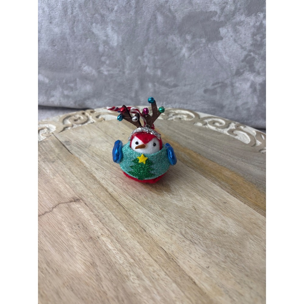 Christmas Bird Figurine Red Reindeer Antlers Teal Sweater Holiday Decor 3.5in